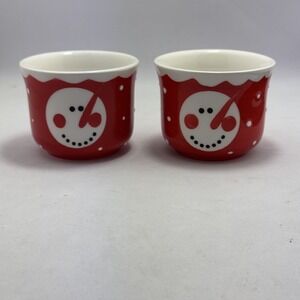 Jolly Snowman Tea Light Candle Holders Set/2 Red White Ceramic Holiday Decor NEW